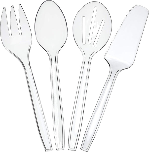 Plasticpro Disposable Plastic Serving Utensils Set of 36, Clear Heavyweight Forks, Spoons, Knives, Sifting Spoons