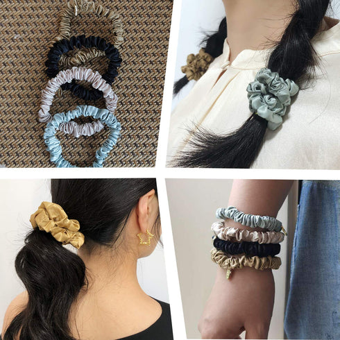 Silk Scrunchies for Women, Small Black, Pure Mulberry Silk Hair Ties, 22 Momme, Pack of 4