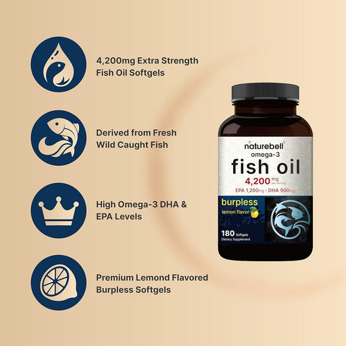 Omega 3 Fish Oil 4,200mg, 180 Burpless Softgels, Premium Wild Caught Fish, Heart & Brain Support - Mercury Free