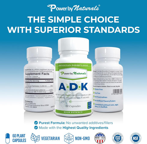 Power By Naturals ADK Vitamin Supplement - 60 Capsules for Bone, Heart & Immune Health