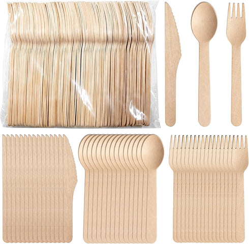 Compostable Wooden Cutlery Set, 500 Pack Disposable Wood Utensils (200 Spoons, 200