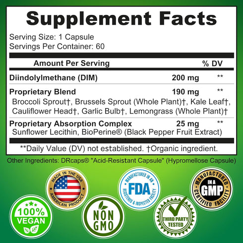 Optimal DIM 200mg Supplement for Women and Men - Organic Whole Foods Estrogen & Hormone Balance, 60 Count