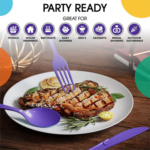 Disposable Purple Plastic Forks, 50 Pcs - Heavy Duty Purple Plastic Cutlery