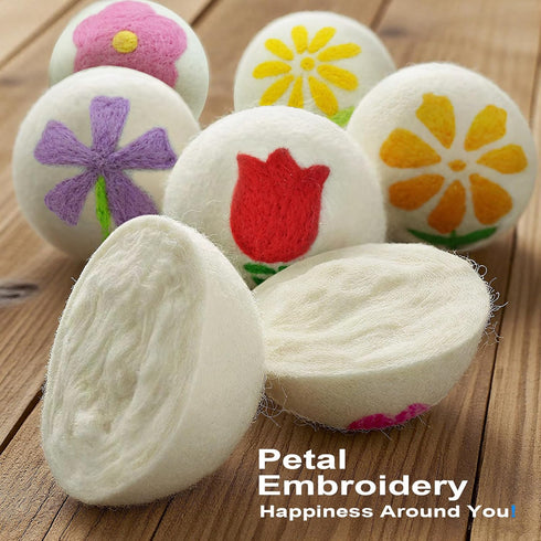 Qiseec 6-Pack Wool Dryer Balls XL - Unique Petal Embroidery, Natural Reusable Laundry Fabric Softener, Reduces Wrinkles