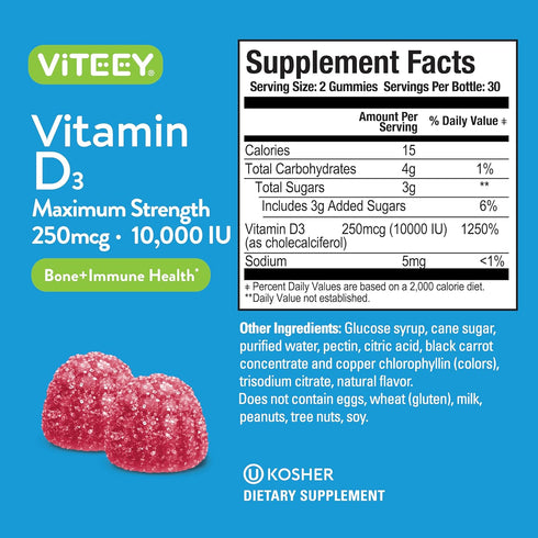 Vitamin D3 Gummies for Adults & Teens, 10,000 IU, 250mcg, Maximum Strength, Chewable, Berry Flavored