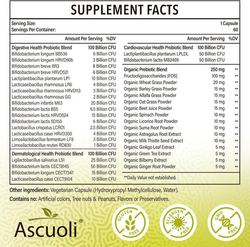 Ascuoli Probiotics for Women & Men - 300 Billion CFU, 22 Strains Probiotics + 15 Organic Herbs Blend, Daily Probiotics for Digestive Health, Immune, Gut, Bloating - 60 Capsule