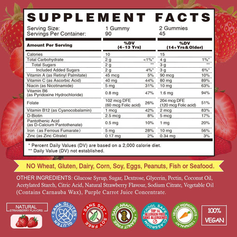 Iron Gummies for Women & Kids - Blood Builder with Vitamin C for Max Absorption, Vegan Strawberry Flavor - 90 Count