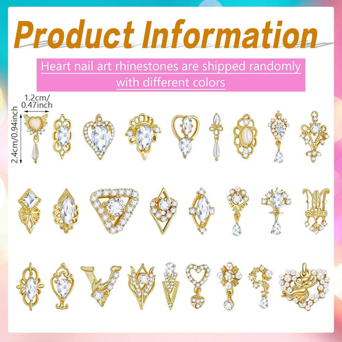 Maitys 54 Pieces Gold Nail Charms, Rhinestones Heart Nail Charms, Alloy 3D Dangle Nail Jewelry for Christmas Nail DIY