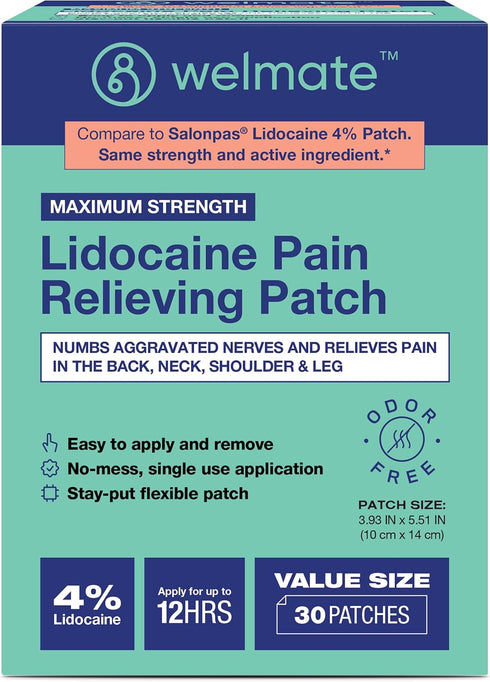 WELMATE 4% Lidocaine Numbing Patch Maximum Strength Temporary Pain Relief for Back, Neck, Shoulders, 30 ct
