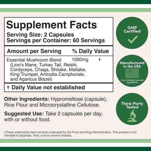 Mushroom Blend Supplement - 1,000mg Top 10 USA Grown Mushrooms (Lion's Mane, Reishi, Cordyceps, and More)