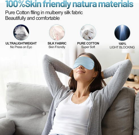 Sleep Mask, Silk Eye Mask for Sleeping with Adjustable Strap, Comfortable & Soft Eyeshade for Night Sleep (Light Blue)