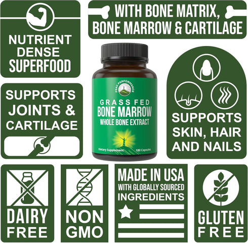 Peak Performance Grass Fed Bone Marrow - Whole Bone Extract Supplement, 180 Capsules Rich in Collagen & Amino Acids