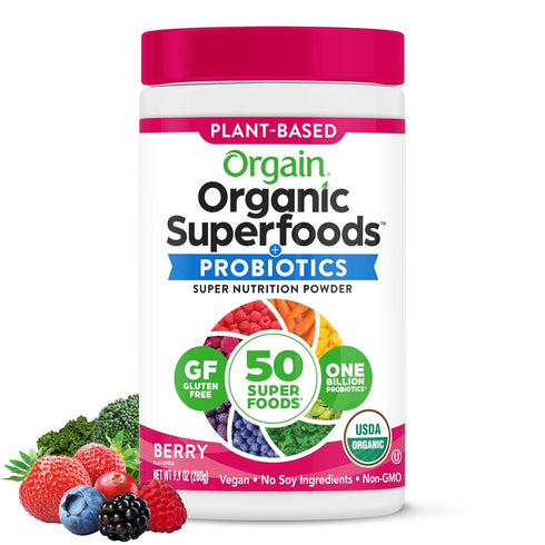 Orgain Organic Greens Powder + 50 Superfoods, Berry, 1 Billion Probiotics for Digestive Health, Vegan, 0.62lb