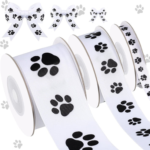Paw Print Ribbon, 3 Rolls Gift Wrapping Dog Grosgrain Ribbon for DIY Crafts, Bows, Decoration (15 Yards, White and