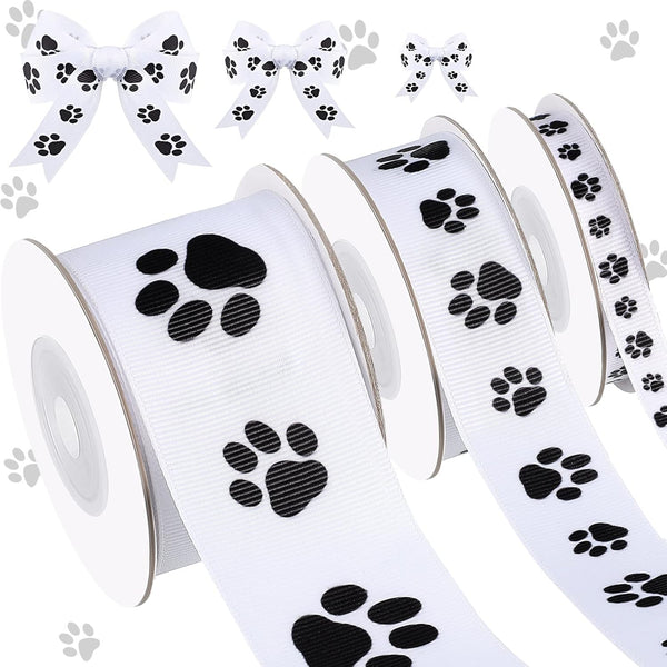 Paw Print Ribbon, 3 Rolls Gift Wrapping Dog Grosgrain Ribbon for DIY Crafts, Bows, Decoration (15 Yards, White and