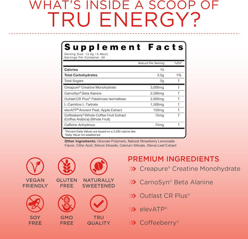 TRU Supplements Energy Pre Workout Training Formula Vegan Friendly 20 Servings (Strawberry Lemonade)