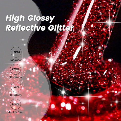 YTD Likomey Reflective Glitter Gel Nail Polish, 15ml Red Flash Diamond Shimmer Gel for Salon Home Nail Art