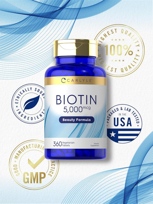 Carlyle Biotin 5000mcg | 360 Vegetarian Tablets | Non-GMO, Gluten Free Beauty Formula Supplement