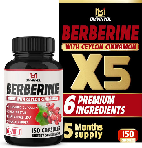 150 Capsules Berberine Supplement with Ceylon Cinnamon, Turmeric, Milk Thistle, Artichoke, and Black Pepper