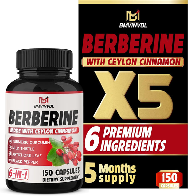 150 Capsules Berberine Supplement with Ceylon Cinnamon, Turmeric, Milk Thistle, Artichoke, and Black Pepper