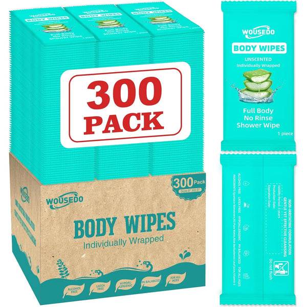 WOUSEDO 300 Pack Individually Wrapped Body Wipes (8" x 9.5"),No-Rinse Shower Wipe for