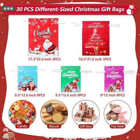 YIGOYIHU 30PCS 5 4 Christmas Gift Bags Drawstring - Christmas Gift Bags Assorted Sizes - Designs Size Xmas Bag Bulk