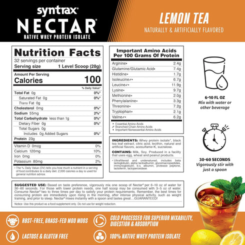 Syntrax Nutrition Nectar, 100% Whey Isolate Protein Powder, Lemon Tea, 2 lbs, Refreshing Fruit Flavor