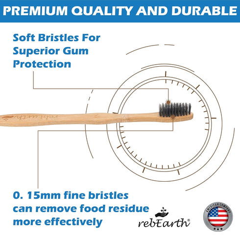 Set 4 rebEarth Bamboo Aesthetic Toothbrush Wood of | Ultra Soft Bristles | Black Charcoal Infused | American Brand |