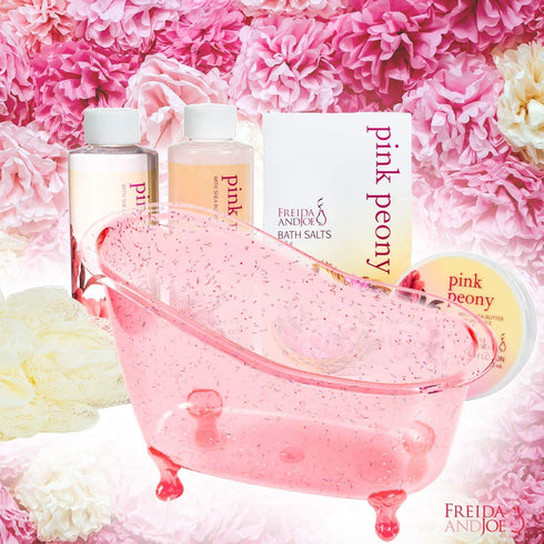 Home Spa Gift Basket Peony Spa Set for Women, Includes Shower Gel, Bubble Bath, Body Lotion, Bath Salt & Puff in Pink