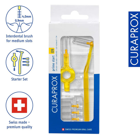 Curaprox CPS 09 Prime Start Interdental Brushes Set, 5 Brushes + 2 Holders, 0.9 mm Diameter, Yellow for Effective