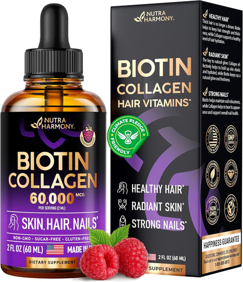 Liquid Biotin & Collagen - Vitamins for Hair Growth Support for Women & Men - Extra Strength 60000 mcg Drops