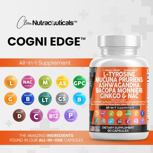 Clean Nutraceuticals L Tyrosine 1000mg, Mucuna Pruriens 6000mg, Focus Supplement with Ashwagandha, Ginkgo Biloba,