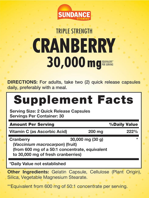 Triple Strength Cranberry 30000mg with Vitamin C | 60 Capsules | Non-GMO and Gluten Free Supplement | by Sundance