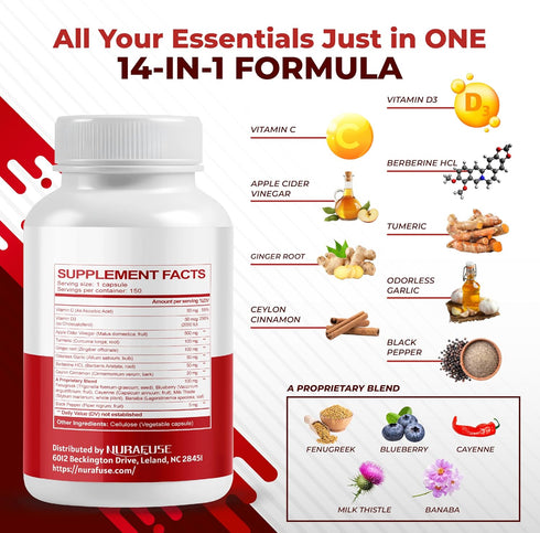 NURAFUSE 14-in-1 Apple Cider Vinegar Supplement with Turmeric Ginger Garlic Cinnamon Fenugreek Blueberry Milk Thistle