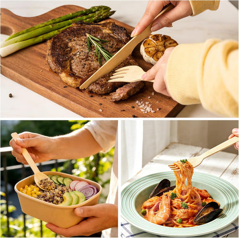 Set, Events-50 Pack Napkin and Bamboo Cutlery Compostable Utensils Disposable Cutlery for Party, Wedding, BBQ, Camping