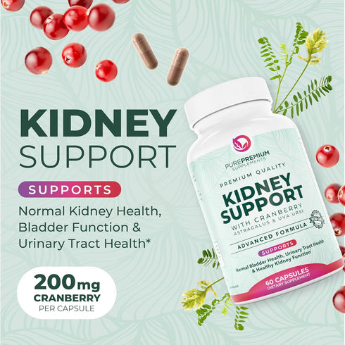 PurePremium Supplements - Kidney Support with Cranberry Extract & Astragalus - 60 Cranberry Pills for Urinary Tract