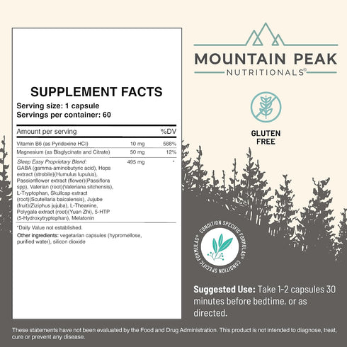 Mountain Peak Nutritionals Sleep Easy - Sleep Support Supplement with 5-HTP, Amino Acids, Melatonin, 60 Capsules