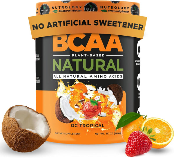 BCAA Natural Plant Based Powder, Orange Coconut Flavor, Vegan BCAA Powder, 30 Servings for Recovery