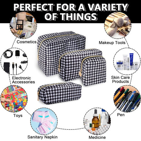 Waterproof Large Makeup Bag Pouch, Nylon Women Travel Toiletry Storage Bag, Houndstooth Cosmetic Organizer for Girls