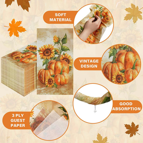 Homlouue 100 PCS Thanksgiving 3-Ply Disposable Paper Napkins for Fall Party, Pumpkin & Sunflower Design