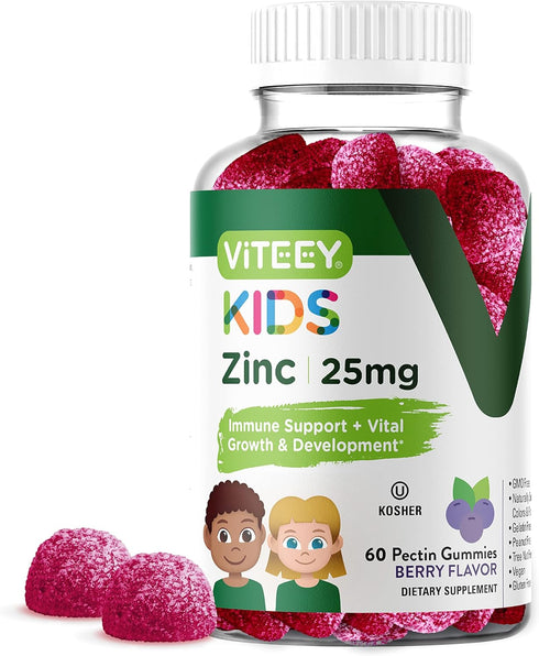 Zinc for Kids Gummies 25mg - Immune Support for Kids & Teens, Vegan, Gluten Free, Chewable Berry Flavor