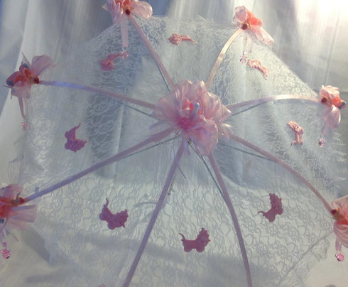 Party Favors Plus 36" White Lace Baby Shower Umbrella Booties & Pacifiers Pink Accents
