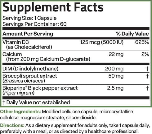 Bronson DIM Balance+ with Calcium D-Glucarate, Broccoli Sprouts and Vitamin D3, 60 Vegetarian Capsules