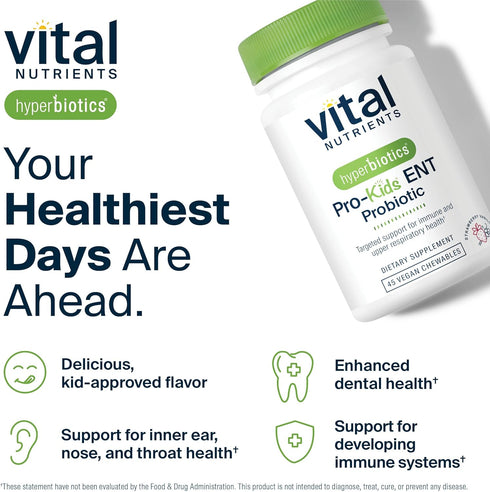 Hyperbiotics Vital Nutrients Pro Kids Probiotic ENT, Strawberry-Vanilla, 45 Sugar-Free Chewable Tablets
