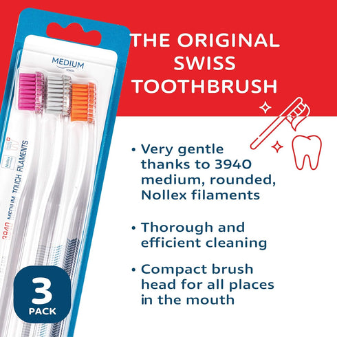 TELLO 3940 3 Count Adult Medium Swiss Toothbrush for Gentle Cleaning with Ergonomic Handle