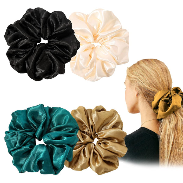 Ivyu Silk Scrunchies Satin Hair Ties for Women - 4 Pcs Oversize Soft Big Scrunchies for Hair Gift for Girls