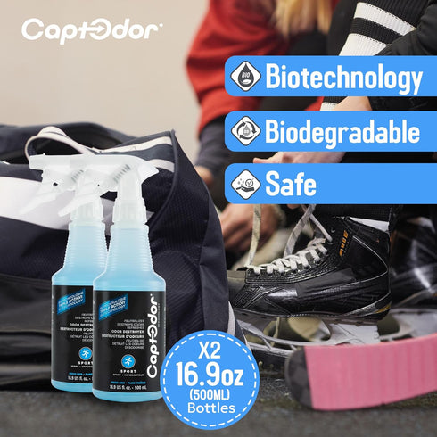 Sports Odor Destroyer Spray - (2 x 16.9oz Bottles), Gear Odor Eliminator & Deodorizer Spray for Sportswear & Outdoor