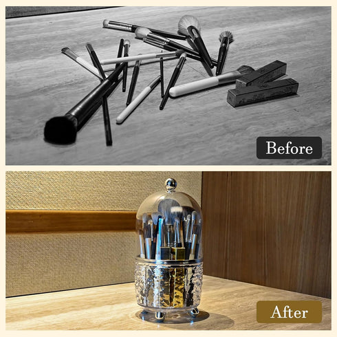 Makeup Brush Holder with Lid, 360 Rotating Cosmetic Tools Organizer for Vanity, Waterproof & Dustproof