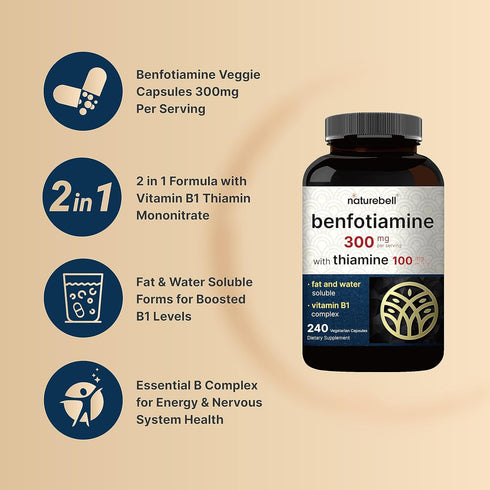 NatureBell Benfotiamine 300mg with Thiamine 100mg - 240 Veggie Capsules, Essential Vitamin B1 Supplement