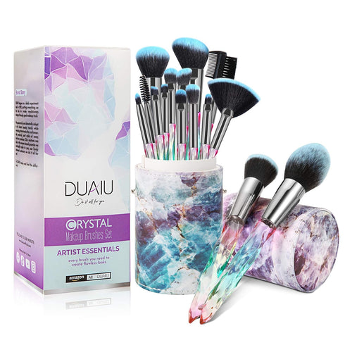 DUAIU Makeup Brushes, 15 Pcs Premium Synthetic Bristles Crystal Handle Set, Kabuki Foundation Brush with Gift Box (Blue)
